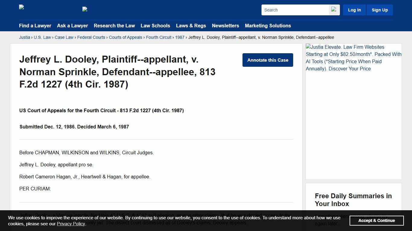 Jeffrey L. Dooley, Plaintiff--appellant, v. Norman Sprinkle, Defendant--appellee, 813 F.2d 1227 (4th Cir. 1987) :: Justia